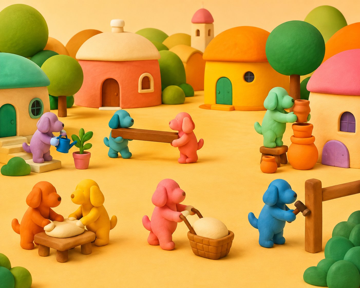 Un village en pâte à modeler : l'un arrose une plante, deux portent une planche, un autre tourne une poterie, deux pétrissent une pâte, un pousse un panier de pain et un dernier assemble une barrière. Chacun à sa propre tâche.